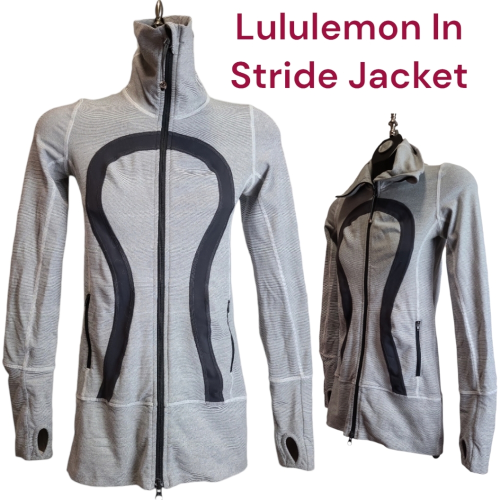 Lululemon In Stride Jacket charcoal grey white pinstripe slim fit zip women's 2